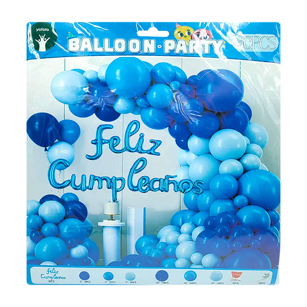 Set decorativo de 60pz, varios tonos de azul con globo metálico feliz…