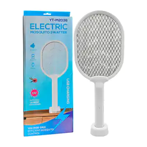 Raqueta eléctrica mata mosquitos con luz morada, base y cable de carg…