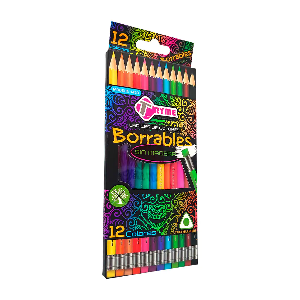 Caja con 12 lápices de colores triangulares borrables tryme en tonos …