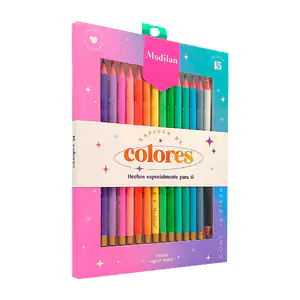 Caja con 15 lapices redondos de colores vivos con linea dorada y punt…
