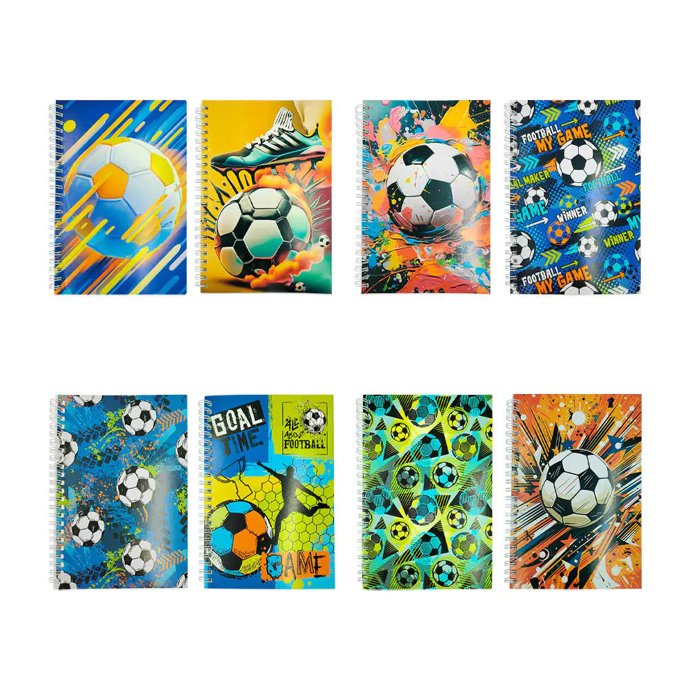 Cuaderno chico de raya, doble espiral y estampado de balones de fútbo…