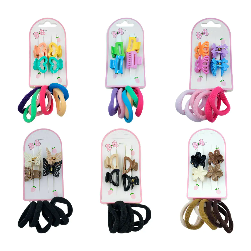 Blíster con 4 mini pinzas + 6 ligas lisas, variedad de colores y figu…