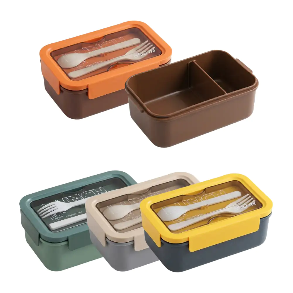Tupper de 2 compartimentos con capacidad de 850ml + cubiertos, colore…