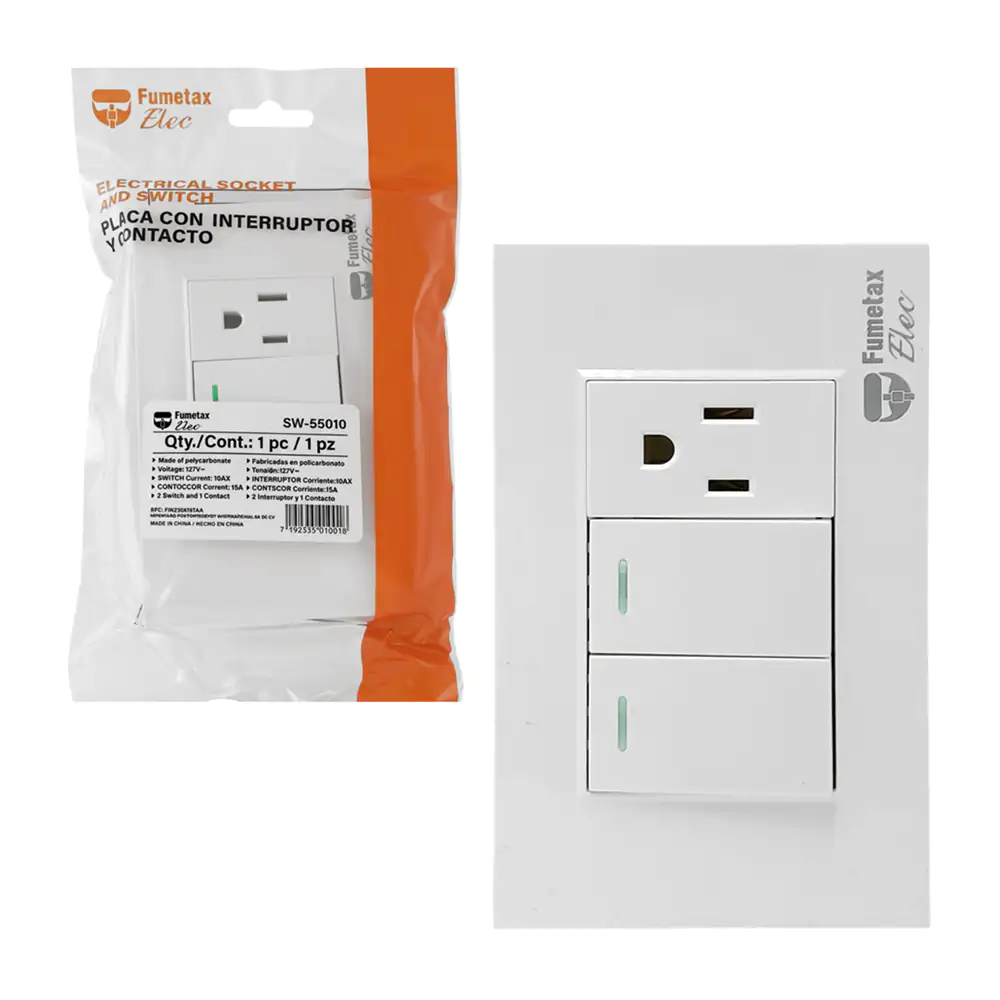 1pz placa fumetax con 2 apagadores y un conector trifásico, color bla…