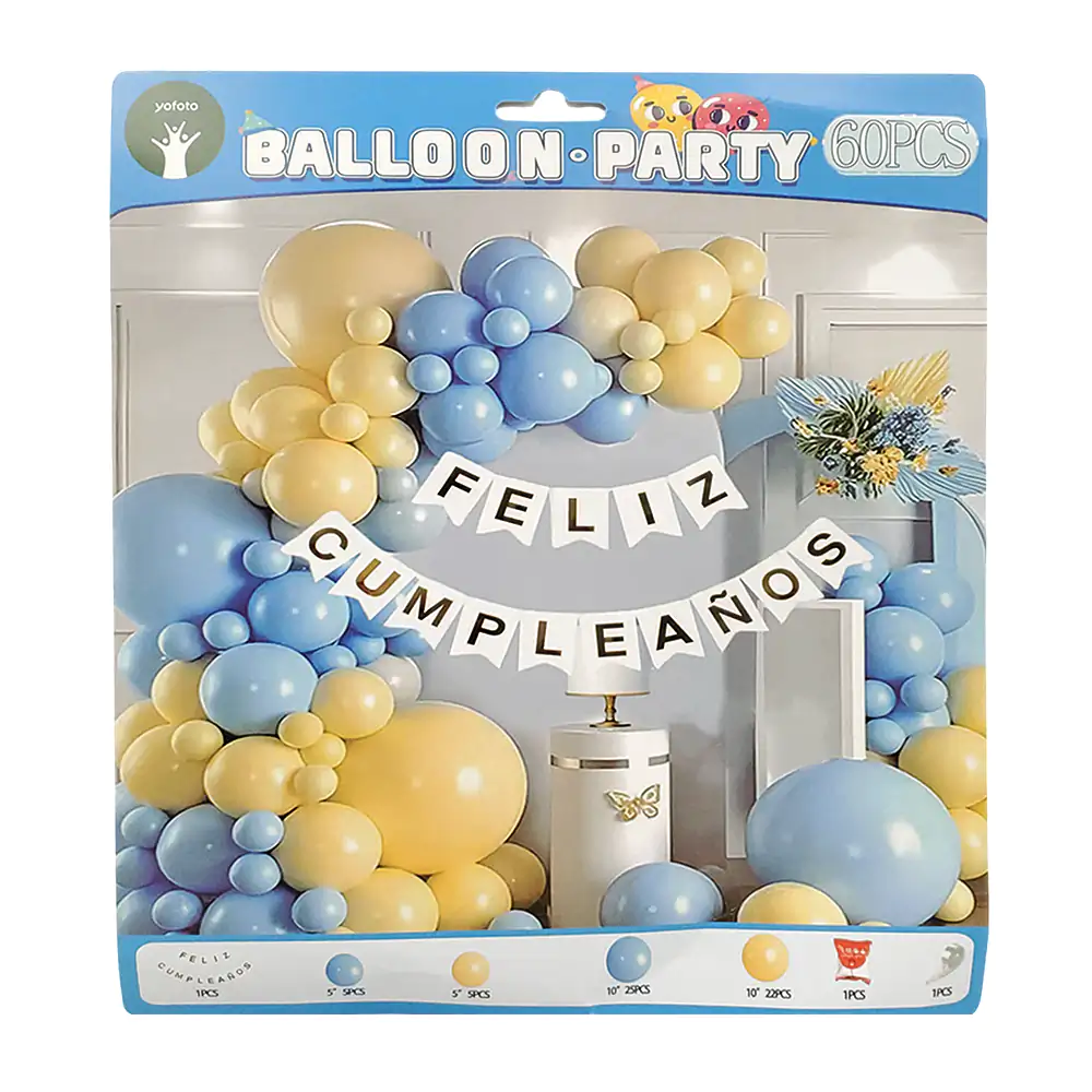 Set decorativo de 60pz en color azul y amarillo con banderín feliz cu…