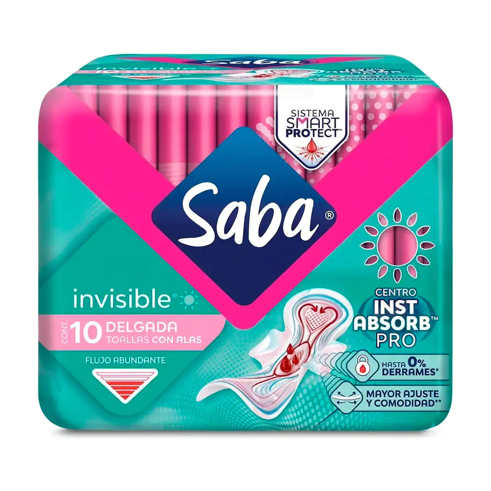 Paquete con 10 toallas femeninas saba invisible delgadas, flujo abund…