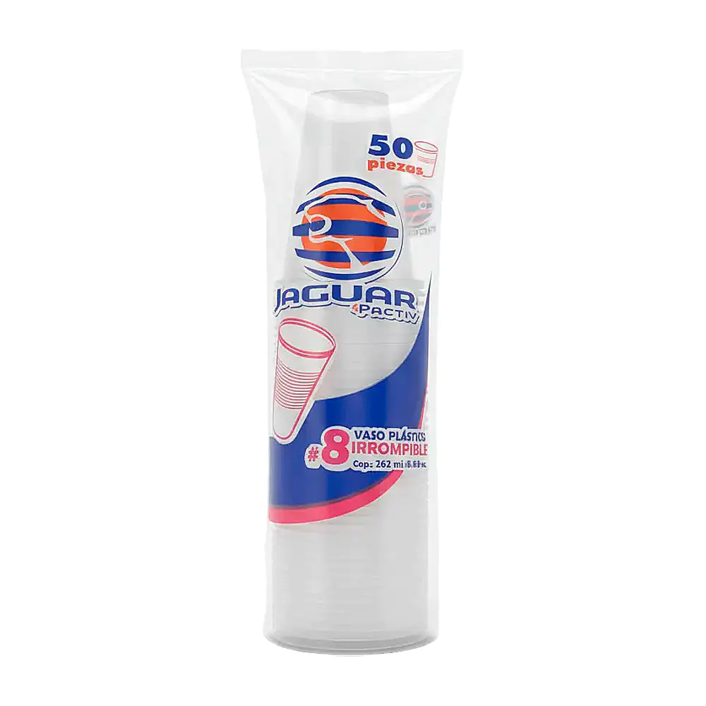 Paquete jaguar con 50 vasos #8 de plástico, 262ml / 031094