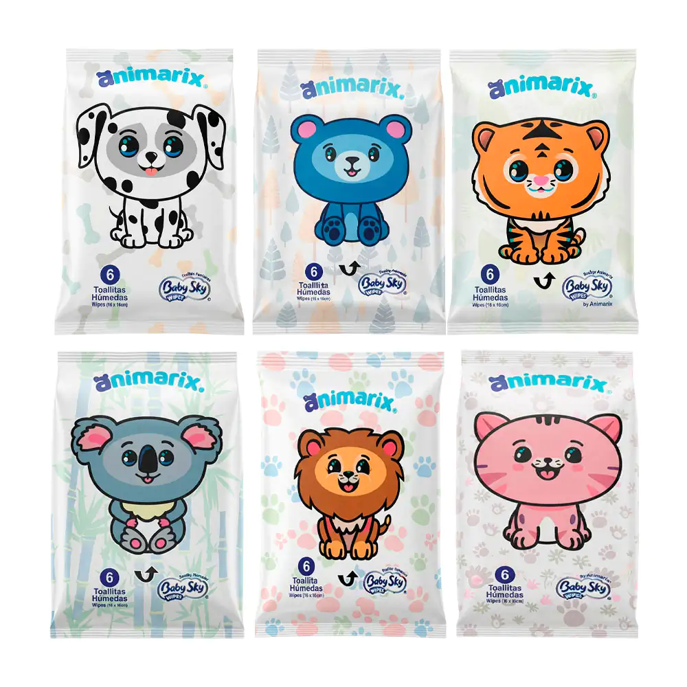 1pz mini paquete animarix baby sky con 6 toallitas húmedas, estampado…