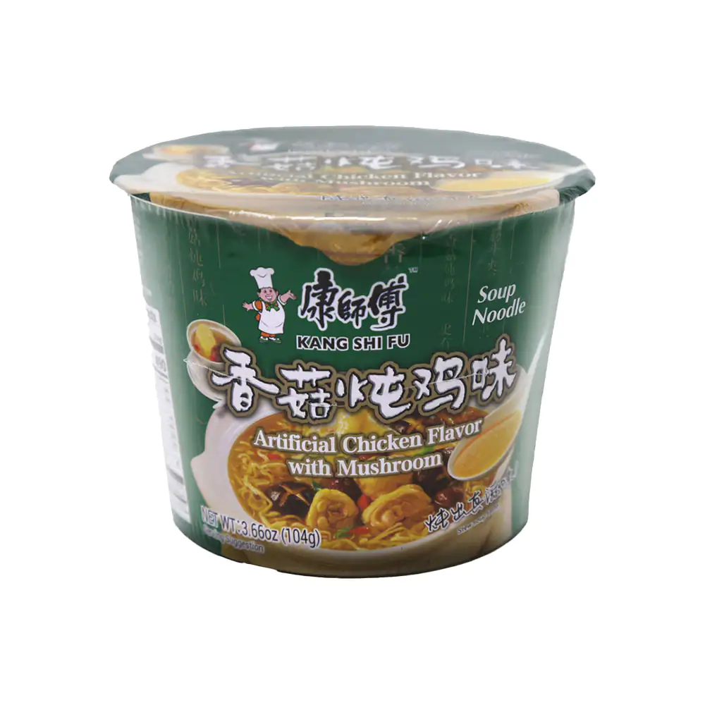 Sopa instantánea kang shi fu en tazón con sabor a pollo con champiñon…