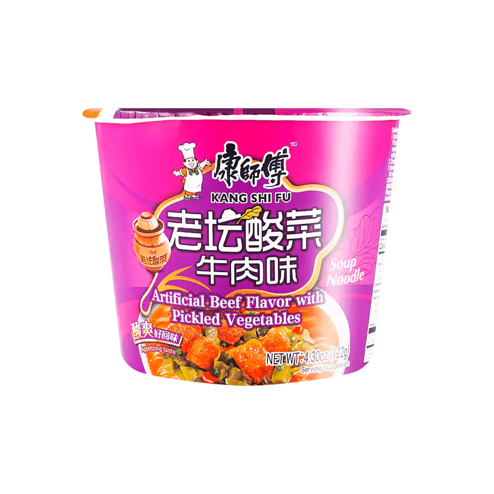 Sopa instantánea kang shi fu en tazón con sabor a carne en escabeche,…