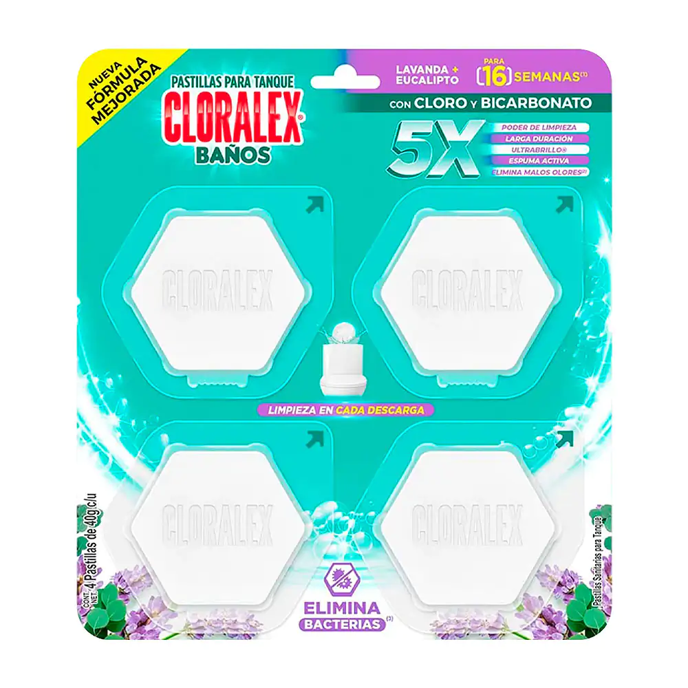 Blíster con 4 pastillas cloralex para tanque aroma lavanda y eucalipto con cloro y bicarbonato 5x, 40g