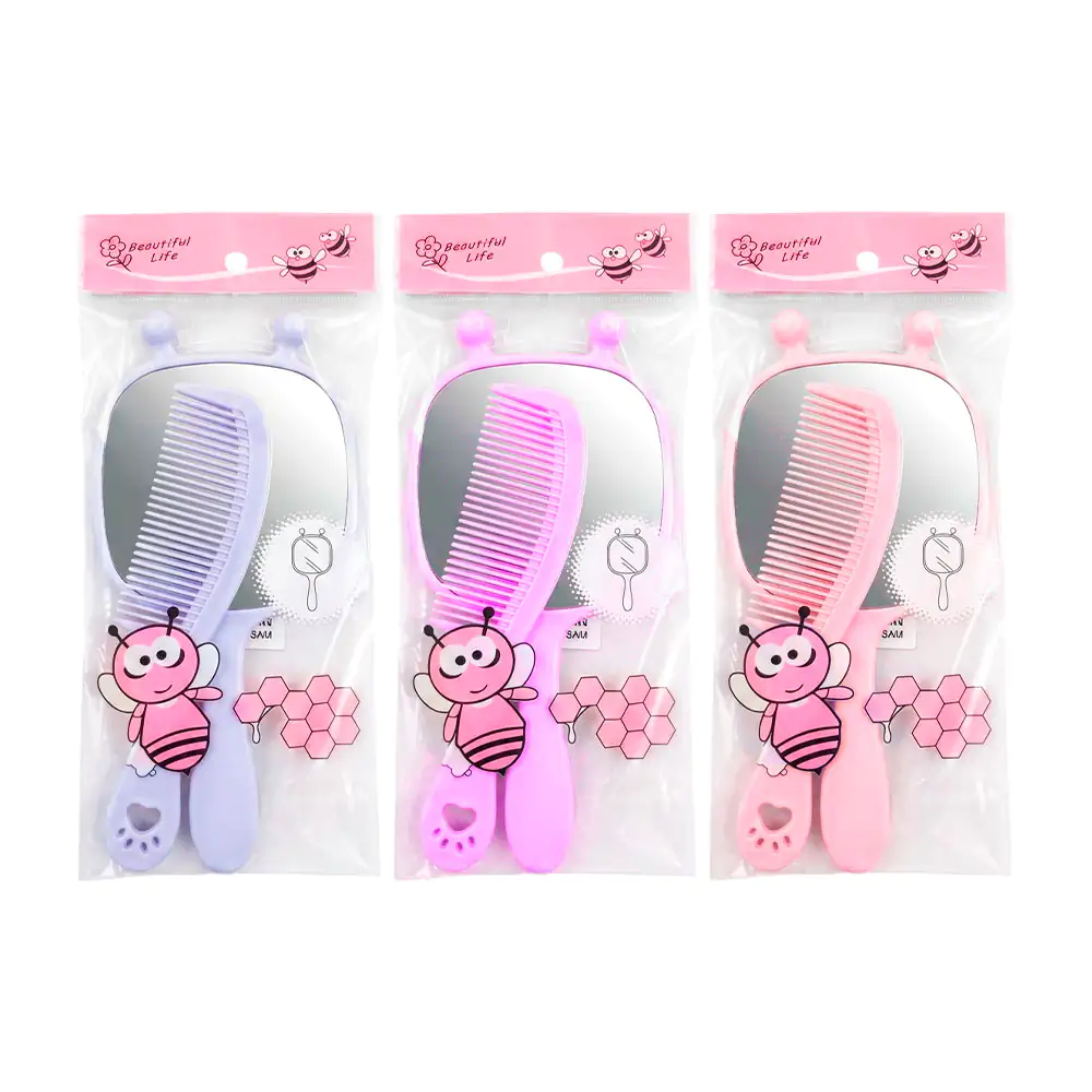 Set de espejo con mango de plástico y orejas + peine con diseño kawai…