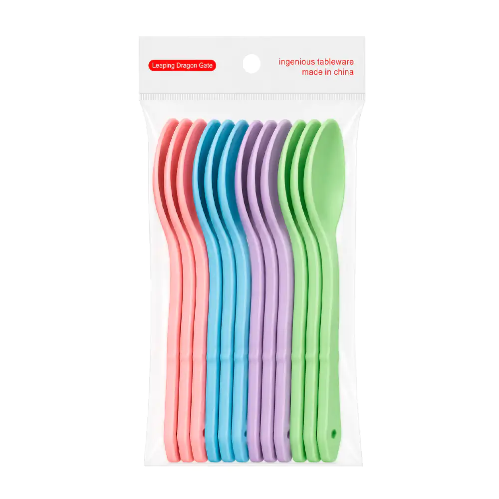 Paquete de 12 cucharas largas de plastico con diseño triangular en el…