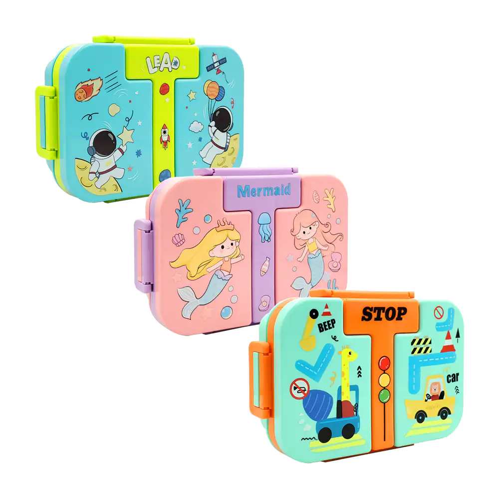Tupper cuadrado de doble nivel con 4 compartimentos y diseño infantil…