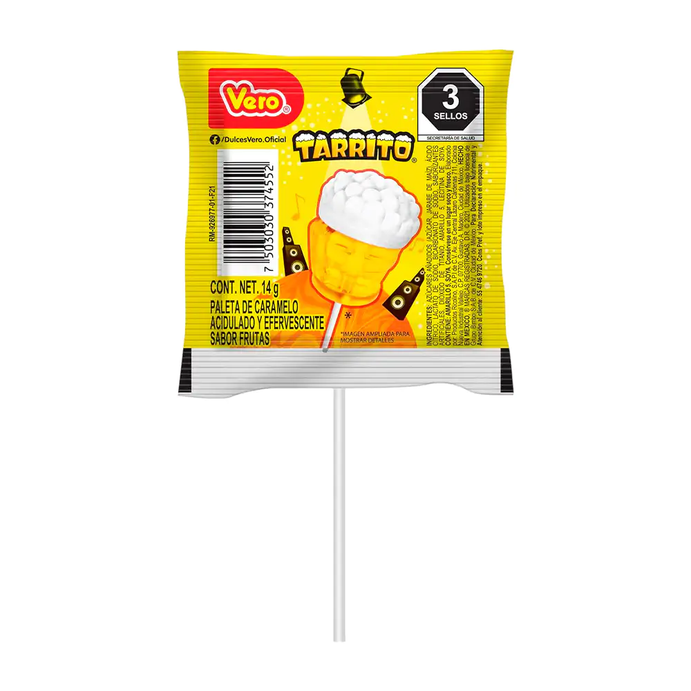 1pz paleta de caramelo acidulada y efervescente, vero sabor frutas en forma de tarrito, 14g / 374552