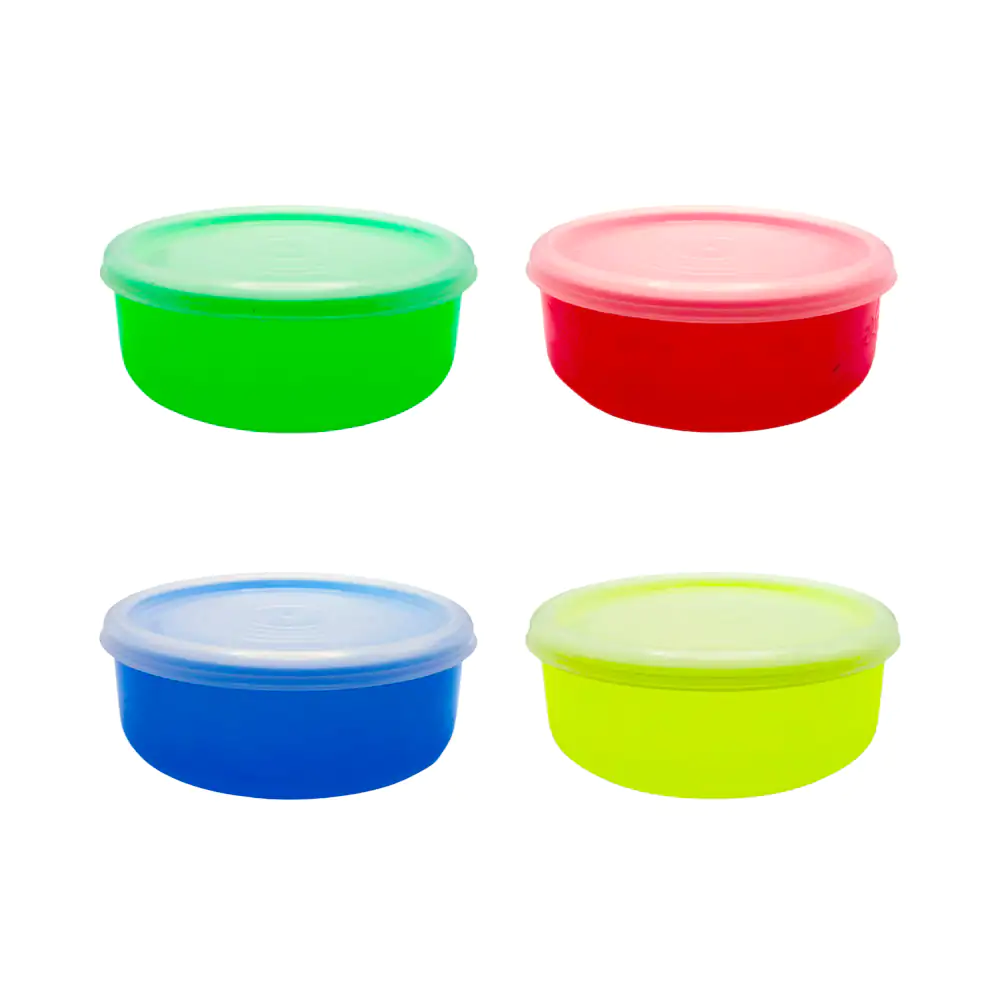 Tupper circular traslúcido de plástico con detalles de frutas y verdu…
