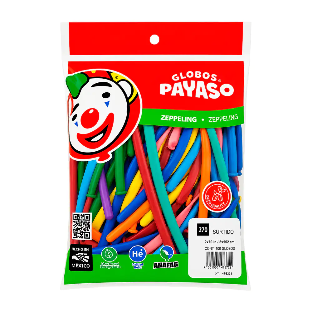 Paquete con 100 globos payaso no. 270 gusano - zeppelin, tonos surtid…