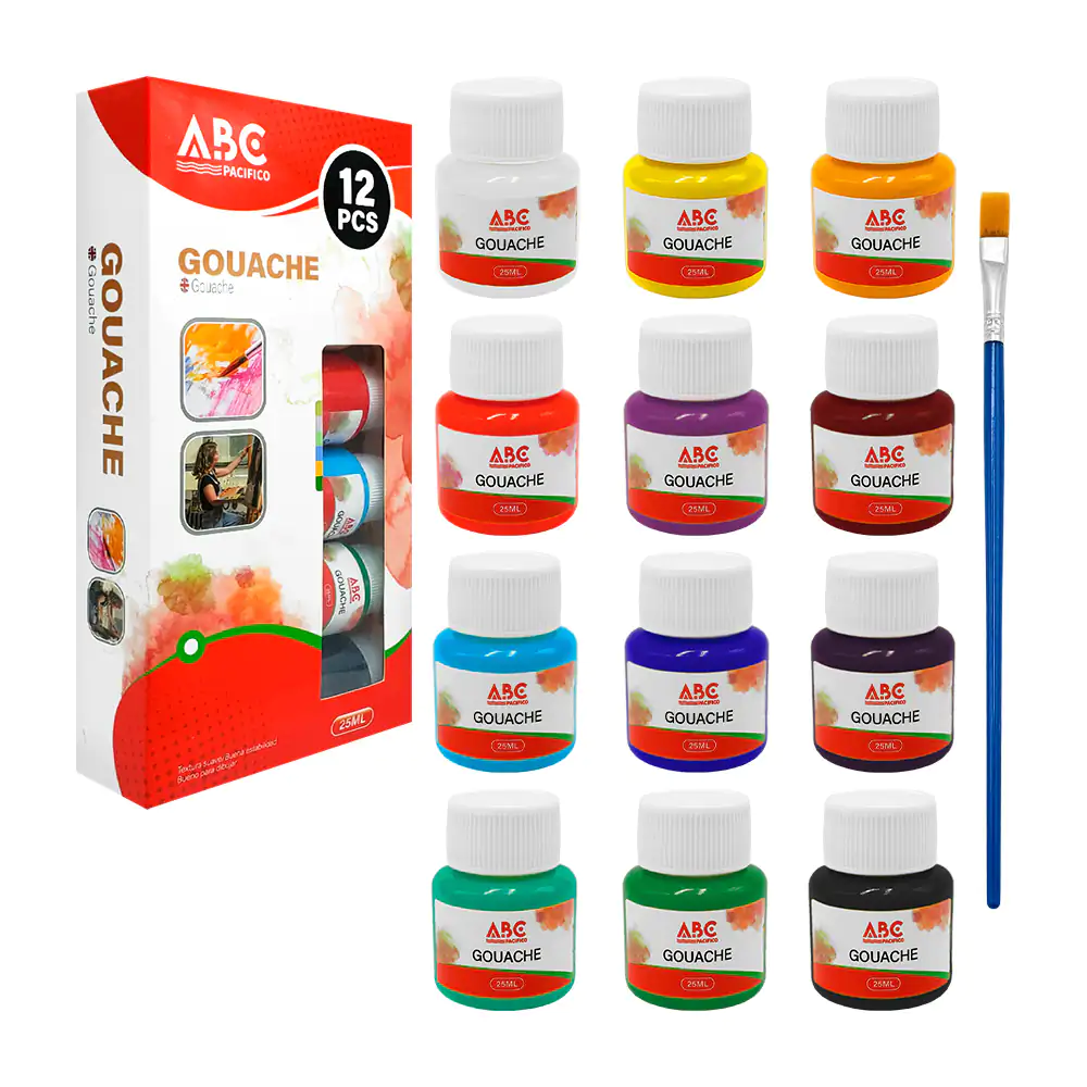 Paquete de 12 pinturas gouache de 25ml en distintos colores, textura suave / 429153