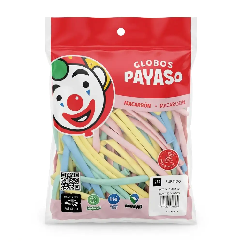 Paquete con 50 globos payaso no. 270 gusano - zeppelin en tonos macar…