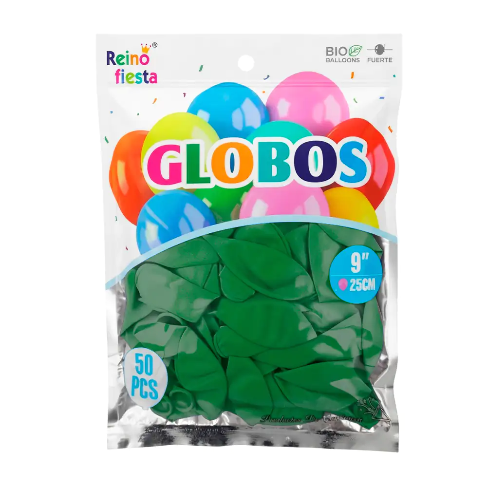 Paquete reino fiesta con 50 globos de látex en color verde de 9 pulga…