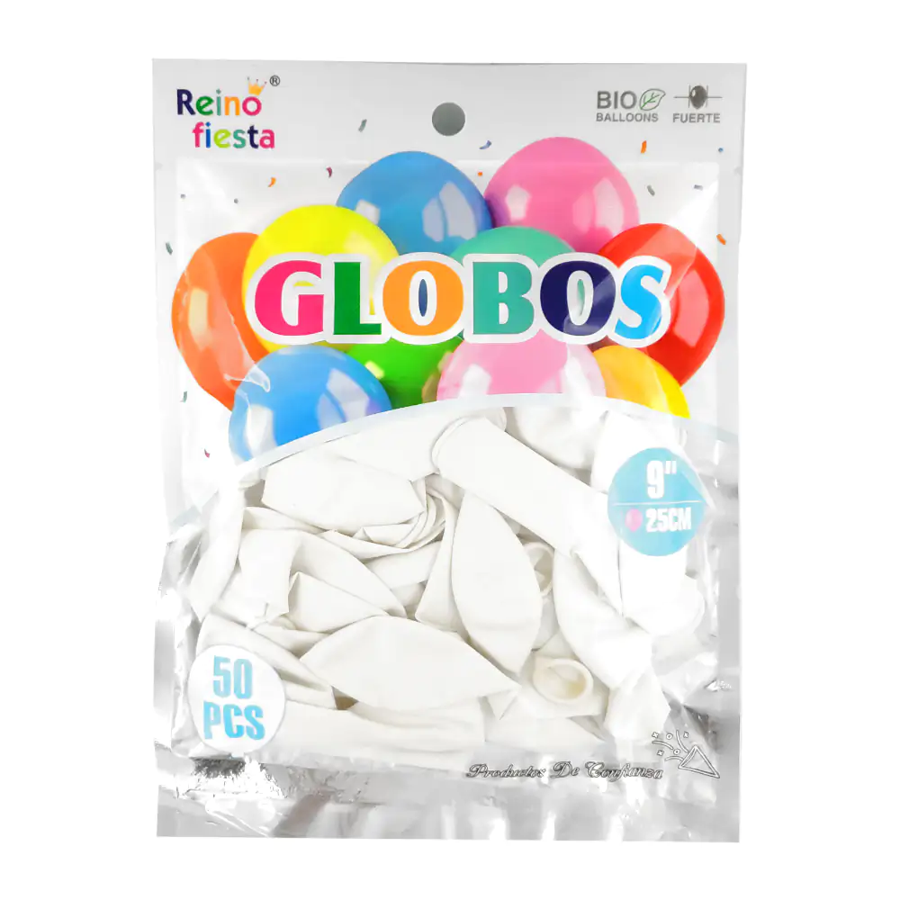 Paquete reino fiesta con 50 globos de látex en color blanco de 9 pulg…