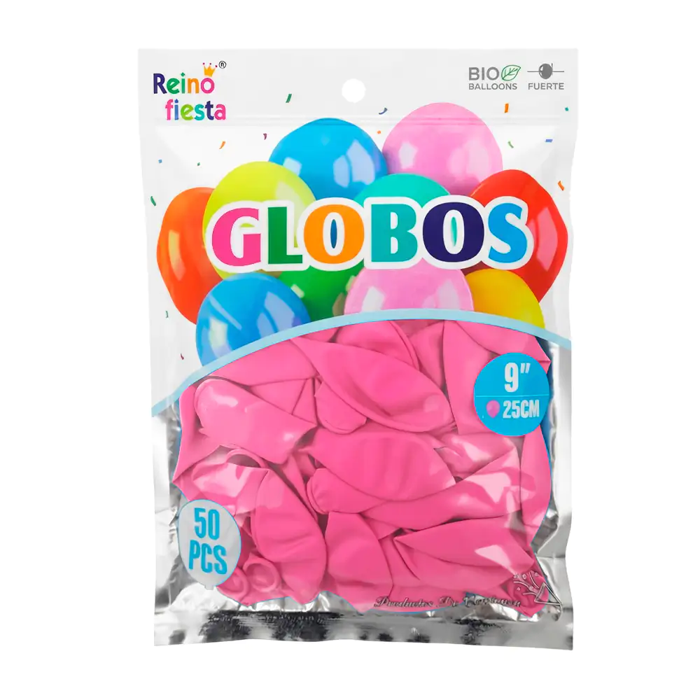 Paquete reino fiesta con 50 globos de látex en color rosa de 9 pulgad…