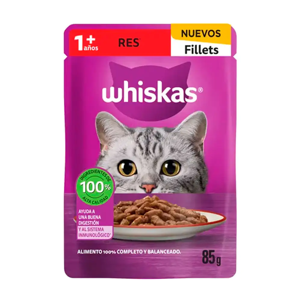 1pz alimento húmedo whiskas fillets sabor carne para gatos adultos, 8…