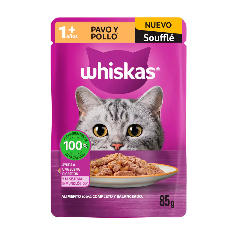 1pz alimento húmedo whiskas soufflé sabor pavo y pollo para gatos adu…