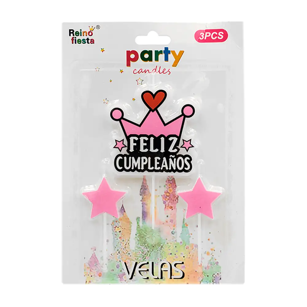 Blíster reino fiesta con 2 velas de estrella y vela de corona en colo…