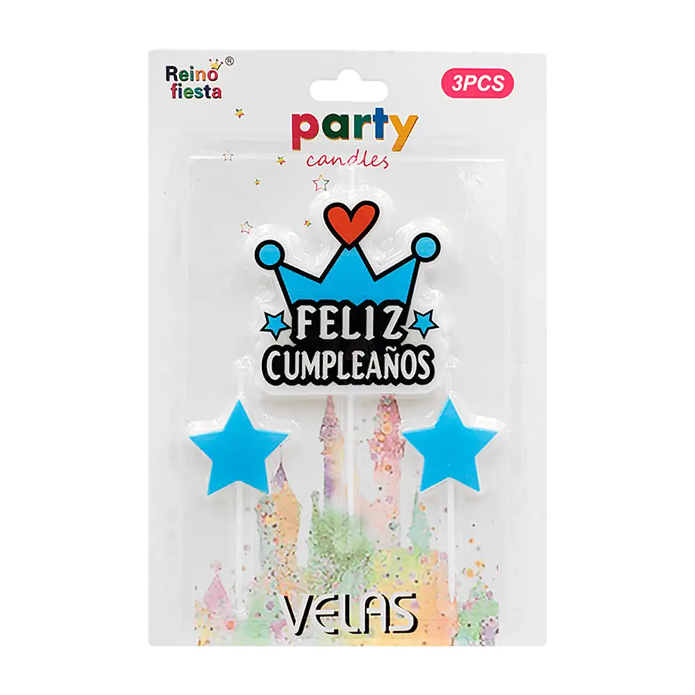 Blíster reino fiesta con 2 velas de estrella y vela de corona en colo…