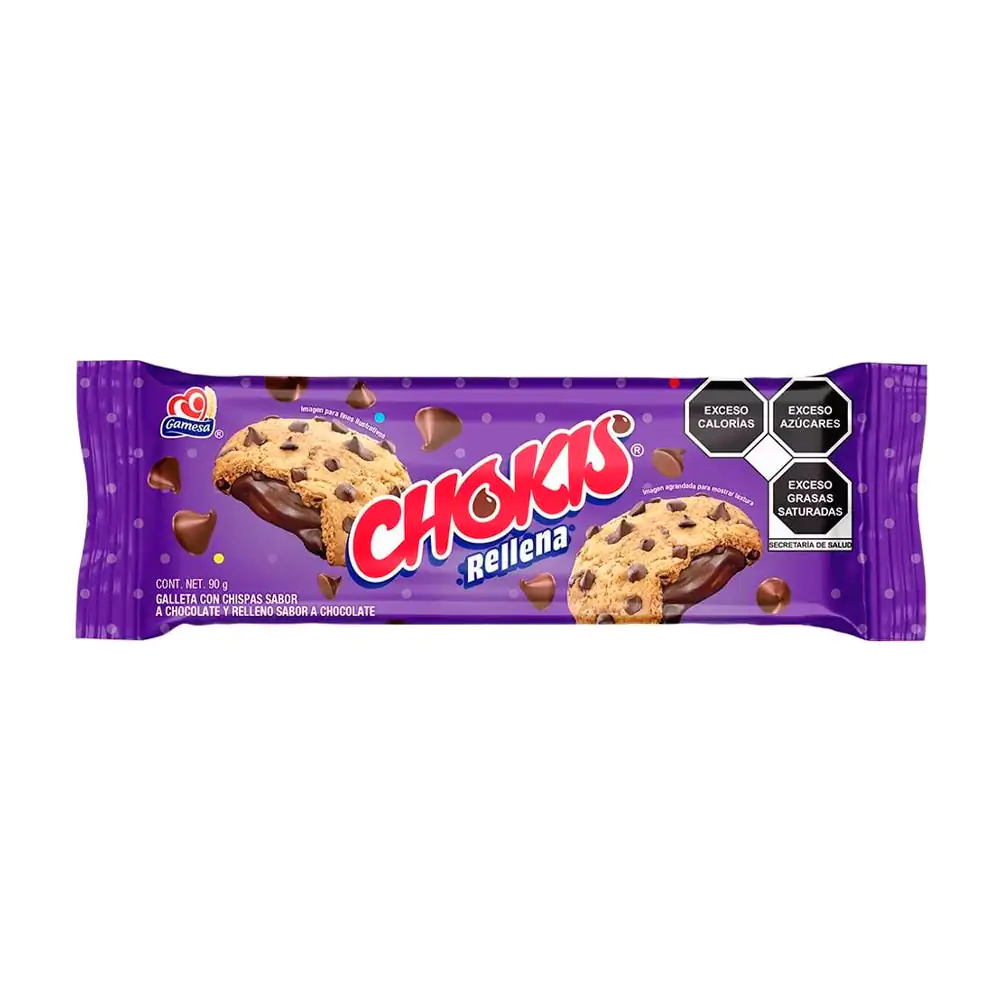 Paquete de galletas chokis, galleta con chispas de chocolate y rellen…
