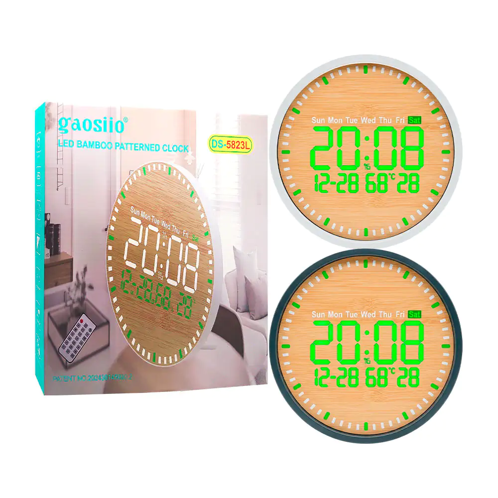 Reloj digital de bambú con despertador, luz led + control remoto, var…