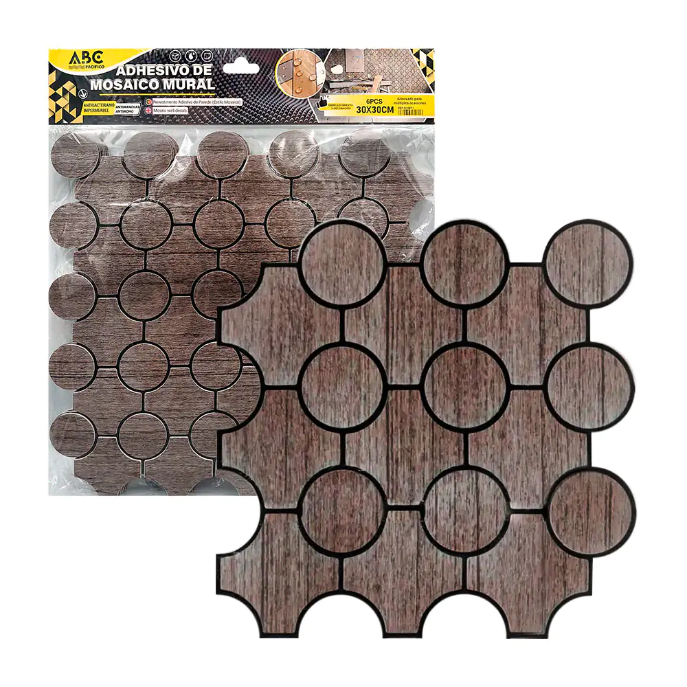 Paquete con 6 láminas para pared, 30x30cm con diseño de círculos interconectados, efecto madera