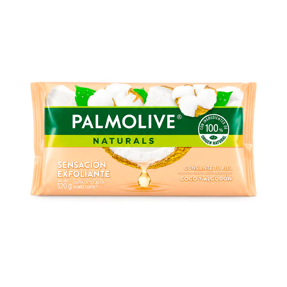 1pza jabón en barra palmolive naturals con aroma coco y algodón, sensación exfoliante, 120g / 682310
