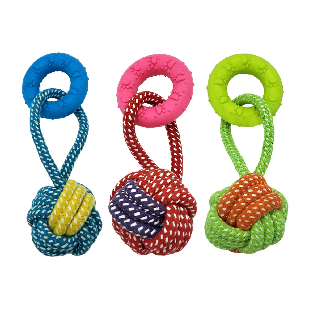 Mordedera para mascota de cuerda con forma de pelota + aro de silicon con textura de huella, variedad
