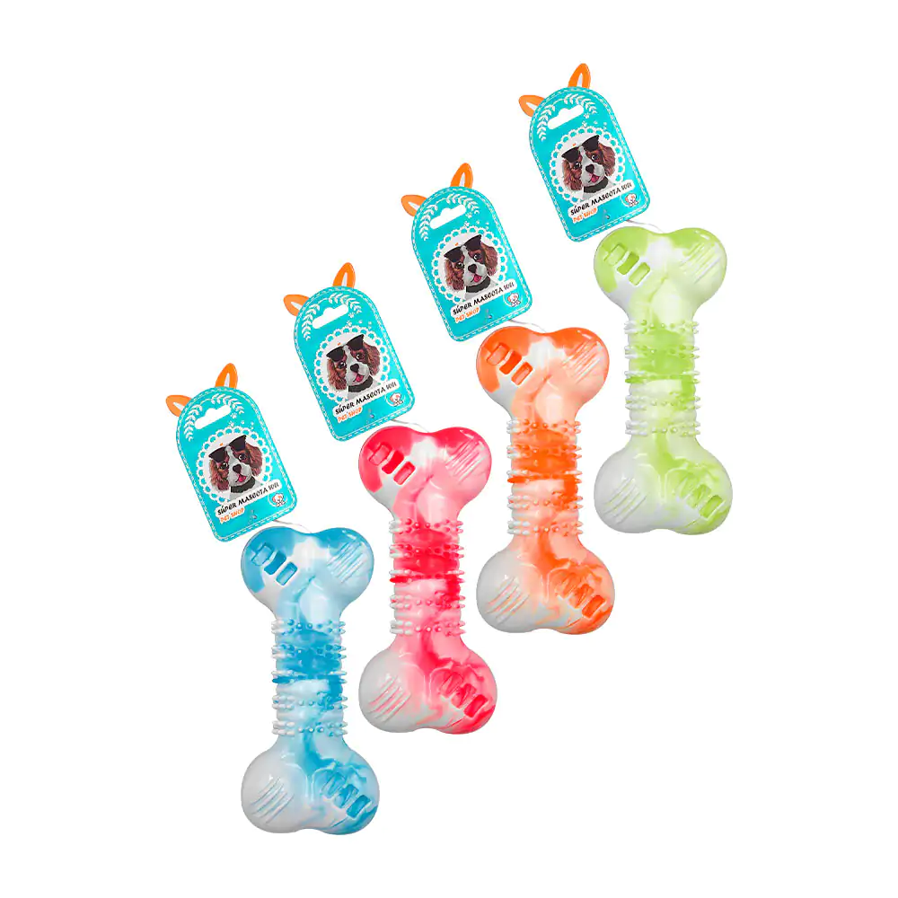 Juguete mordedera bicolor con chifle en forma de hueso con distintas …