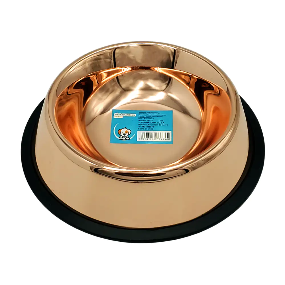 Plato tazón metálico para mascota color cobre con antideslizante, 15c…