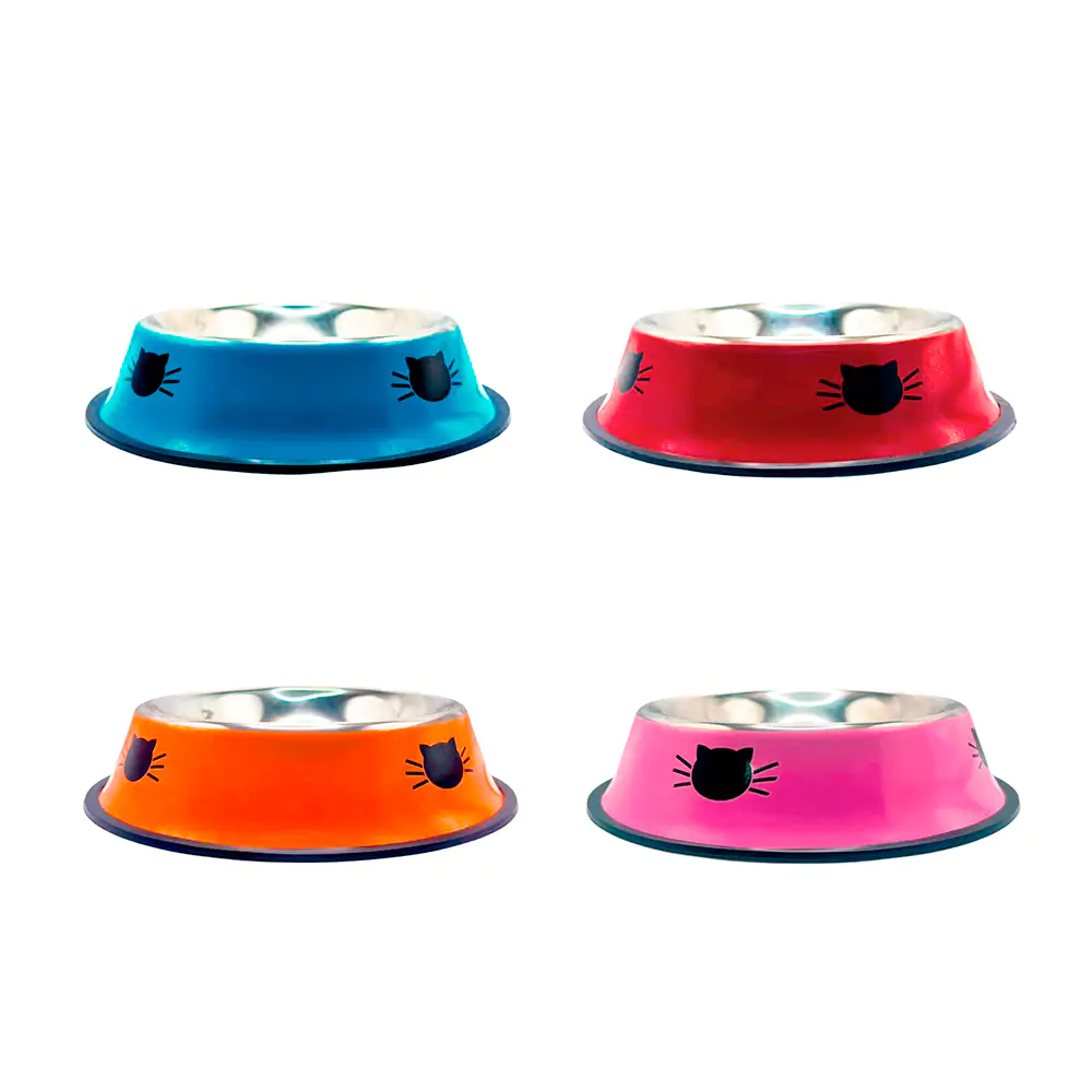 Plato tazón metálico para mascota con estampado de gatos + antidesliz…
