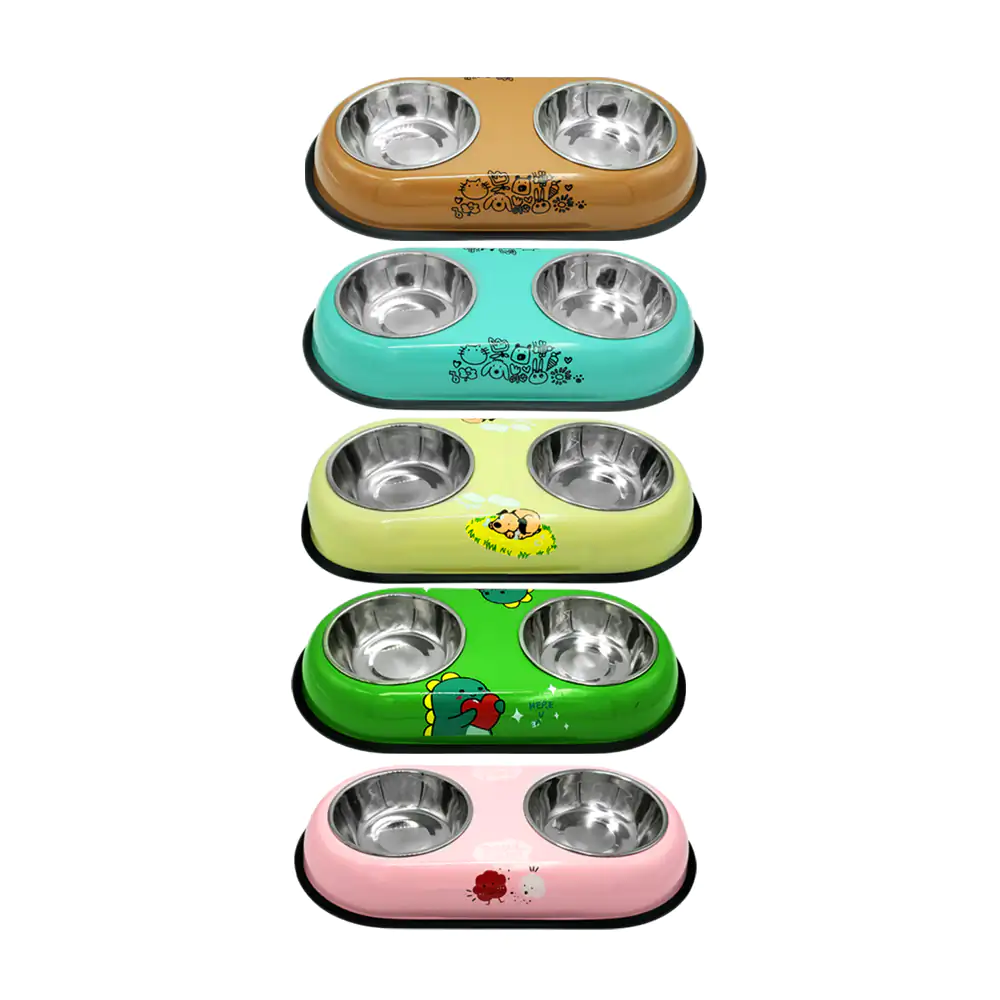 Plato para mascotas de doble compartimento con estampado kawaii, variedad de colores