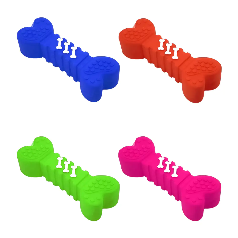Juguete chillón en forma de hueso con textura de tornillos, variedad …
