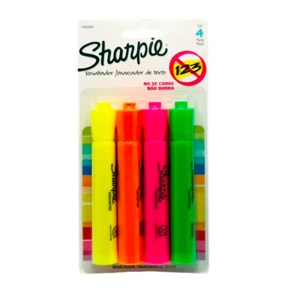 Blíster con 4 marcatextos sharpie en colores neón con punta cincel, v…