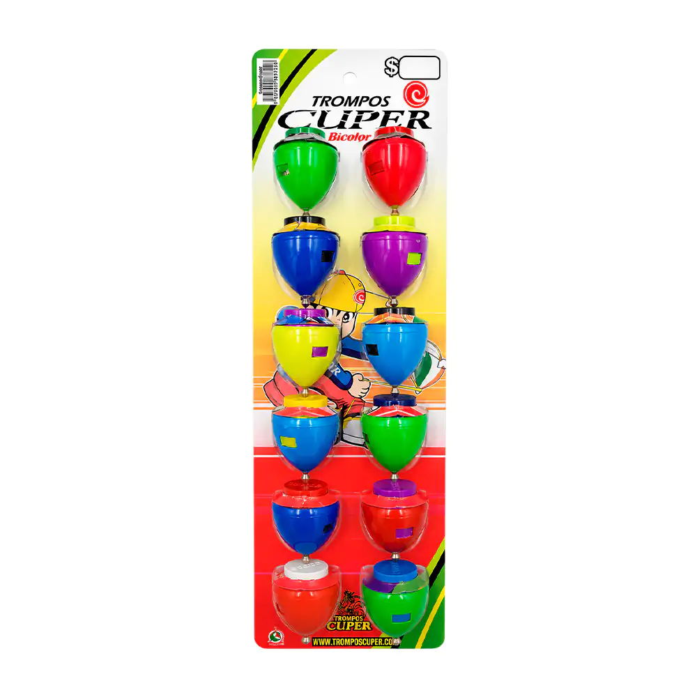 Planilla con 12 trompos cuper modelo cuper bicolor, variedad de color…