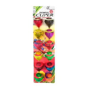 Planilla con 12 trompos cuper modelo cebollita, transparentes, varied…