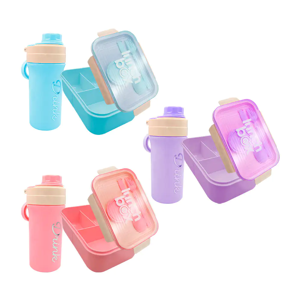 Set con tupper de 3 compartimentos y mini estuche + botella, cubierto…
