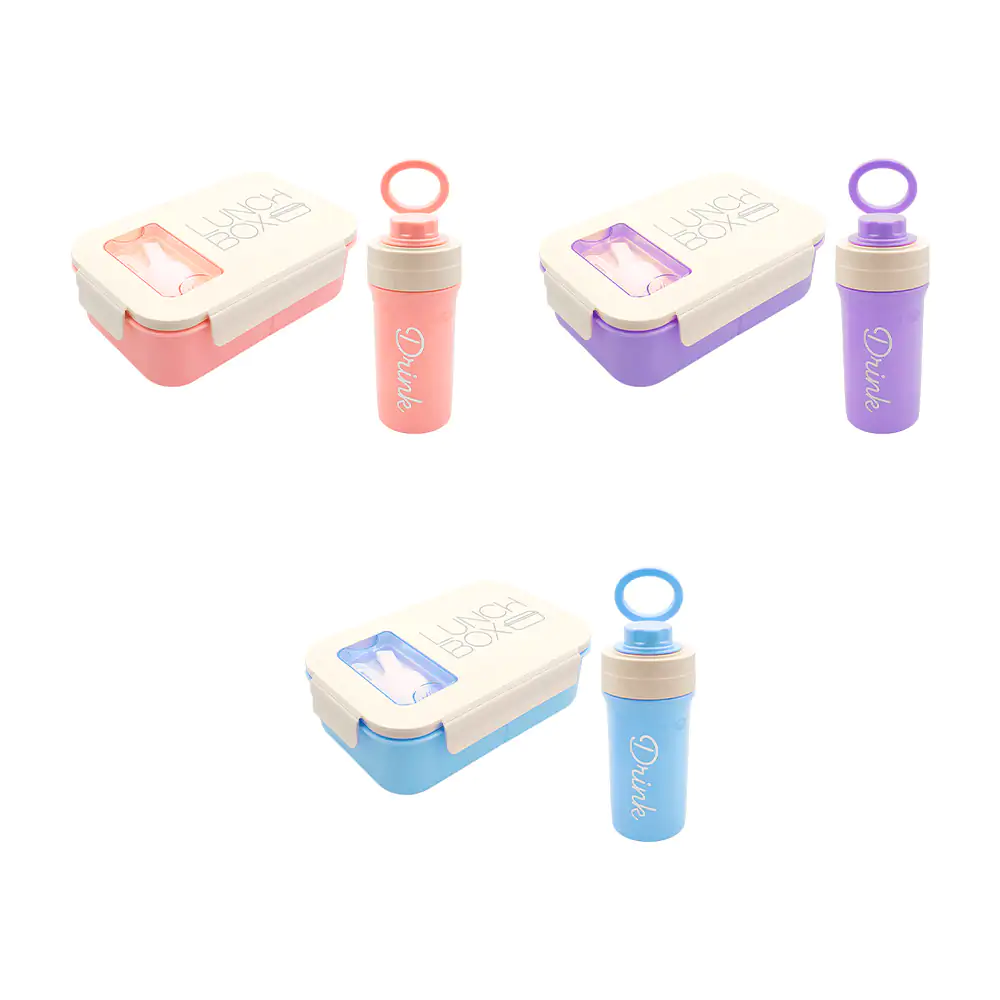 Set tupper cuadrado de 3 compartimentos y utensilios + botella, varie…