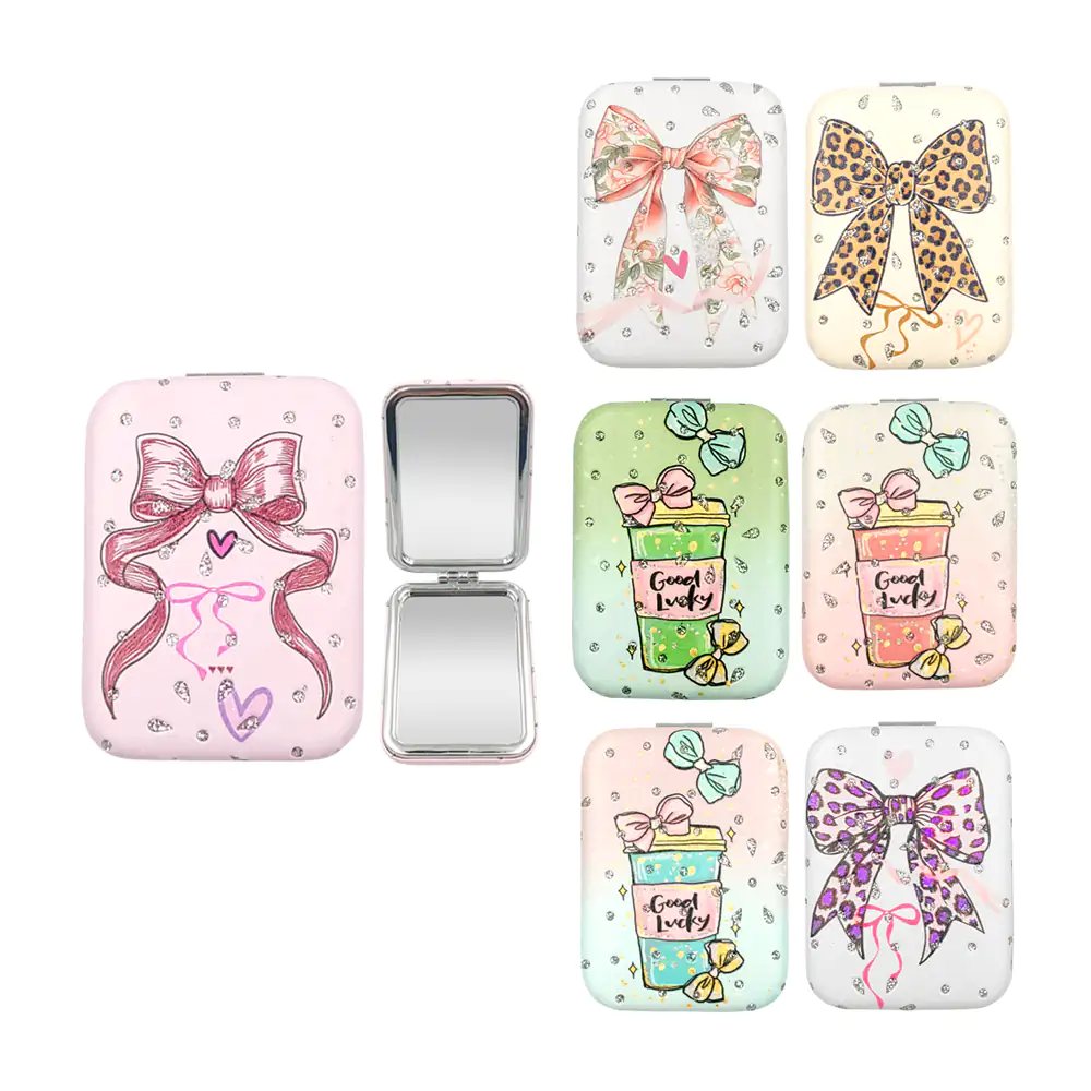 1pz espejo doble de bolsillo estampado femenino y detalle de glitter, variedad