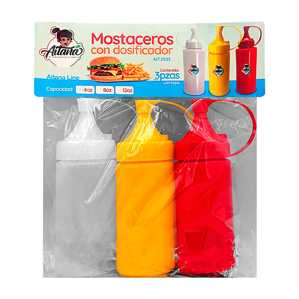 Paquete con 3 contenedores de plástico para ketchup, mostaza o crema,…