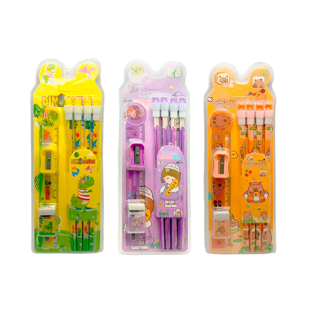 Blíster con kit escolar con 4 lápices, borrador, sacapuntas y regla c…