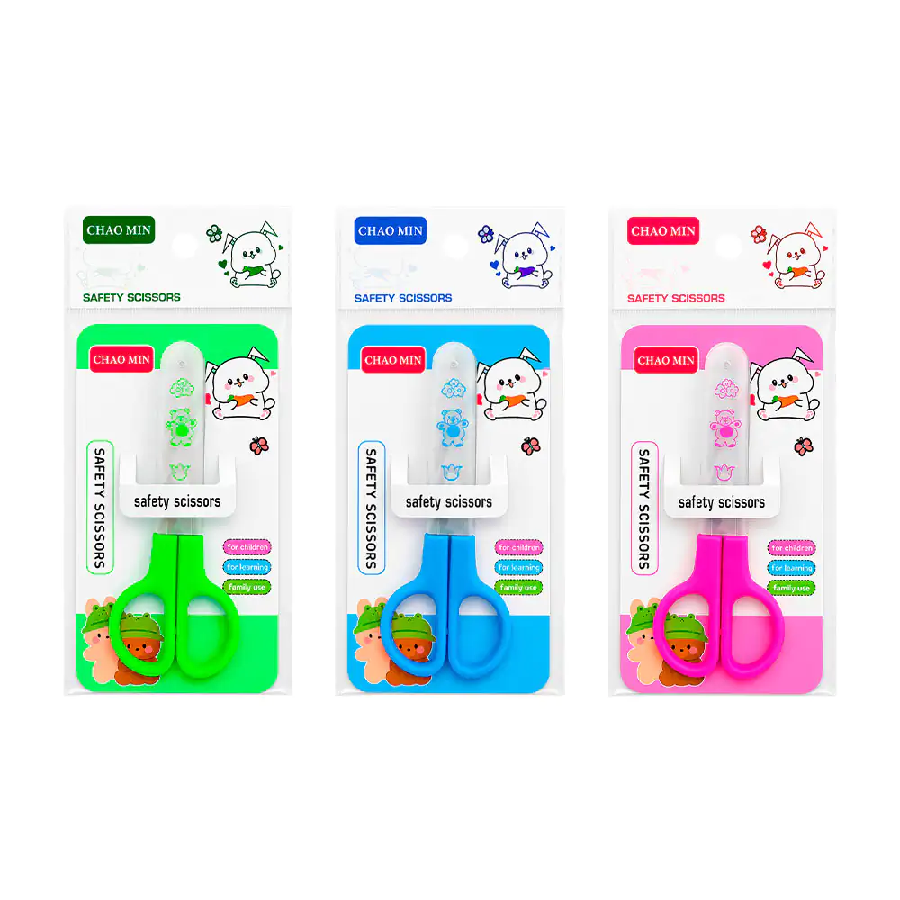 Tijera escolar metálica chao min con mango + estuche de plástico, variedad de colores
