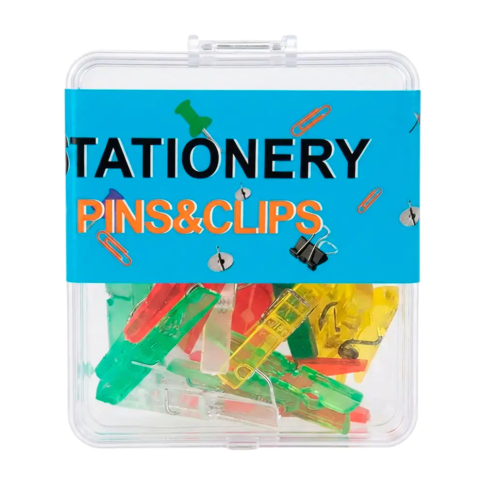 Estuche de plástico con 12 mini pinzas para papelería en colores tran…